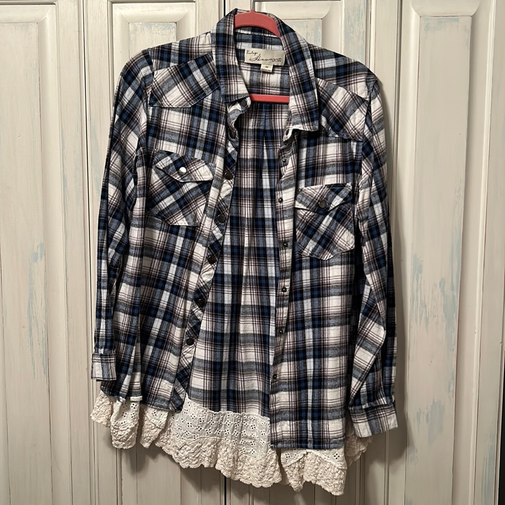 Plaid Shirt with Lace Detail at bottom